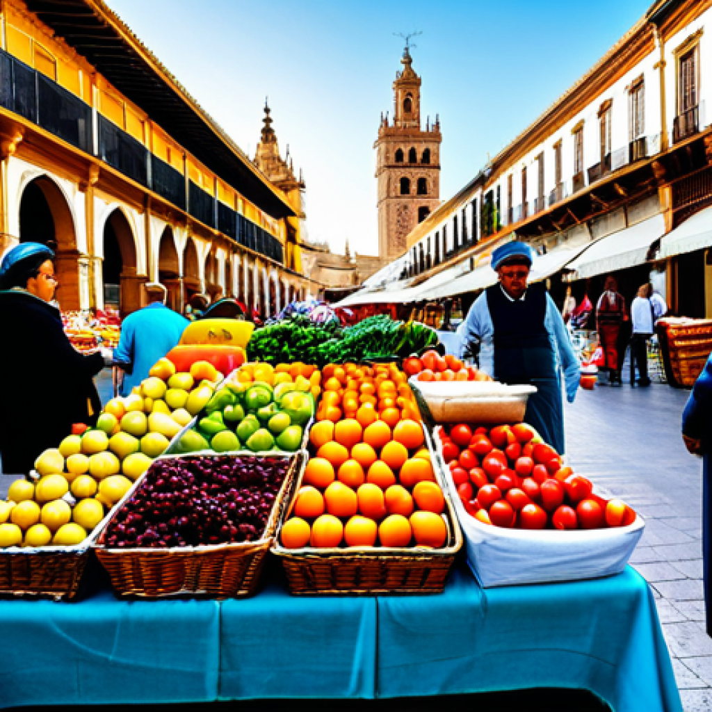 지역개발 실기 시험 준비 - ** A vibrant street market scene in Seville, Spain. Vendors in traditional, modest clothing are sell...
