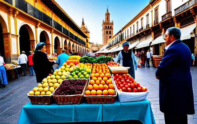 지역개발 실기 시험 준비 - ** A vibrant street market scene in Seville, Spain. Vendors in traditional, modest clothing are sell...