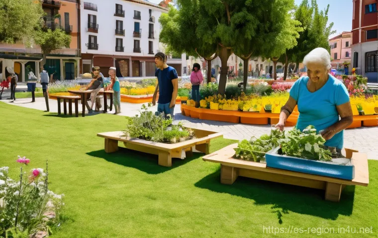 지역개발 정책 개발 프로세스 - **Prompt:** A bustling, vibrant community park in a Spanish town square on a sunny afternoon. Divers...