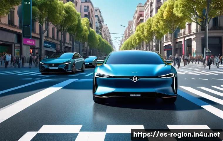 지역개발 분야의 최신 AI 활용 사례 - A futuristic urban street scene in Barcelona during rush hour, showcasing AI-powered traffic managem...