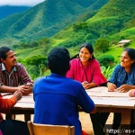 지역개발 이론과 실무의 차이 - A vibrant rural community meeting in a Latin American village, diverse local men and women including...