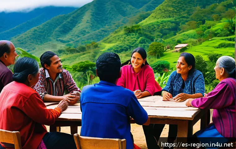 지역개발 이론과 실무의 차이 - A vibrant rural community meeting in a Latin American village, diverse local men and women including...