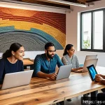 지역개발 전문가 인증 제도 - A diverse group of Latin American professionals in a modern co-working space, collaborating on susta...